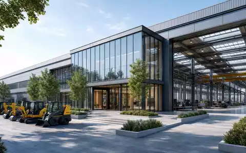 Wacker Neuson SE (DE000WACK012) illustriert eine moderne Werksanlage mit Glasfassade, Produktionshalle und geparkten Kompaktmaschinen davor - Foto: THN