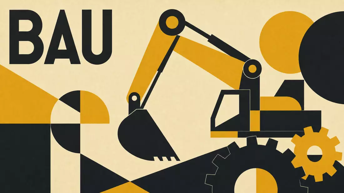 Bauhaus-Poster mit geometrischer Baggersilhouette, Zahnrädern und Schriftzug BAU