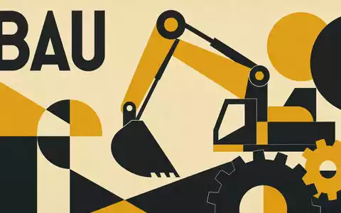 Wacker Neuson SE (DE000WACK012) wird als geometrisches Bauhaus-Poster mit Bagger-Silhouette und Sektor-Text BAU dargestellt - Foto: THN