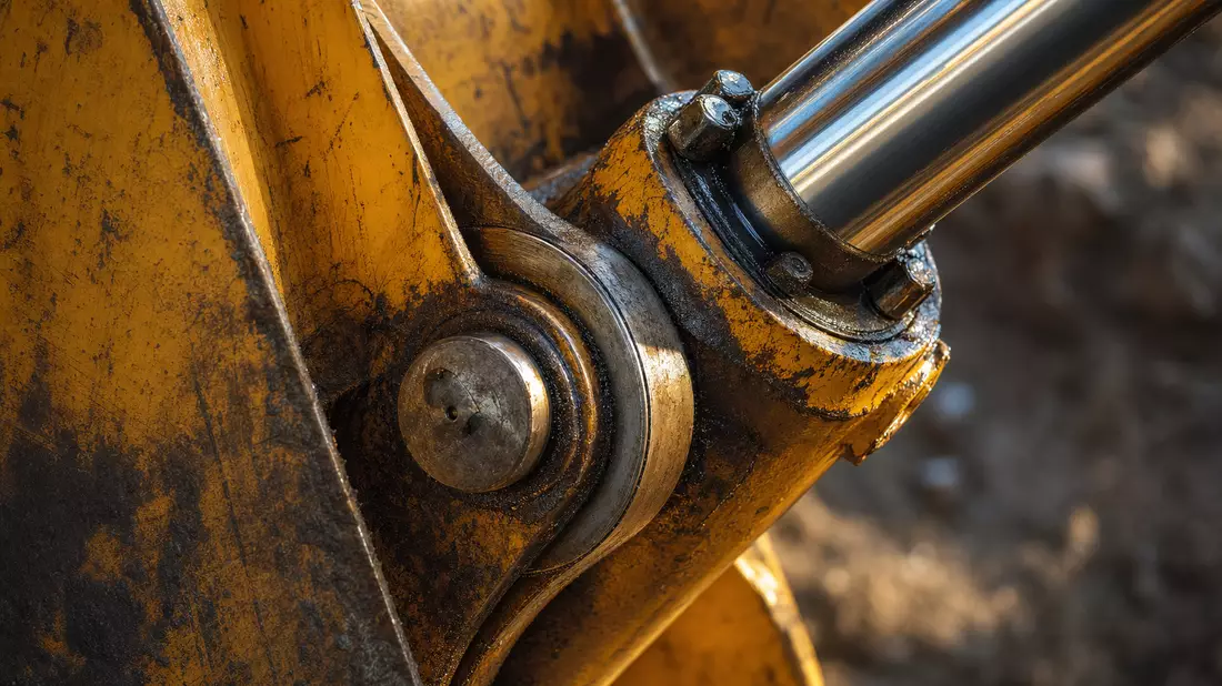 Makroaufnahme eines Hydraulikzylinders und Gelenkbolzens an gelbem Baggerarm