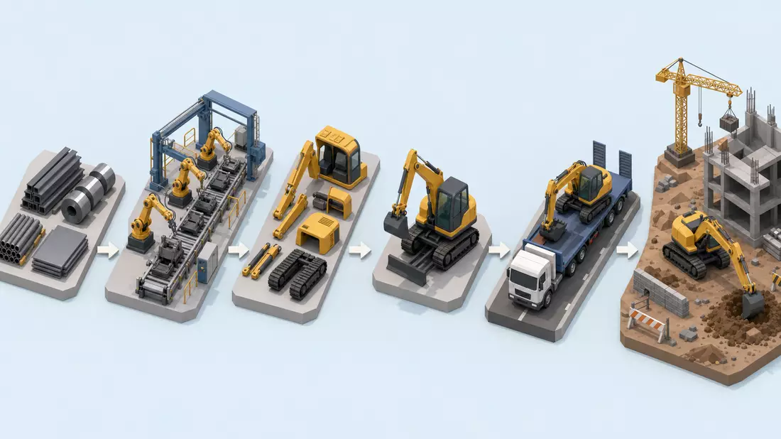Isometrische 3D-Grafik der Wertschöpfungskette vom Stahl bis zum Bagger