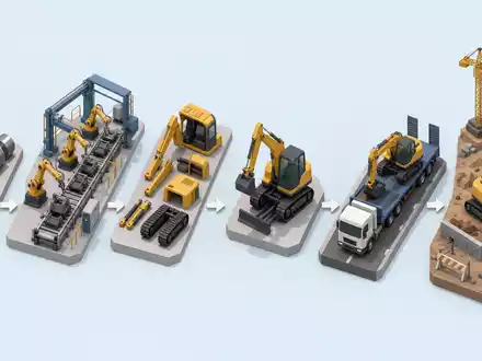 Wacker Neuson SE (DE000WACK012) veranschaulicht isometrisch die Wertschöpfungskette vom Rohstahl bis zum fertigen Bagger - Foto: THN