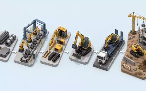Wacker Neuson SE (DE000WACK012) veranschaulicht isometrisch die Wertschöpfungskette vom Rohstahl bis zum fertigen Bagger - Foto: THN