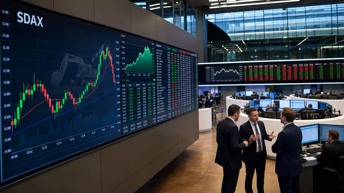 Trading-Floor mit Kurstafel, SDAX-Kürzel und Candlestick-Chart im Fokus