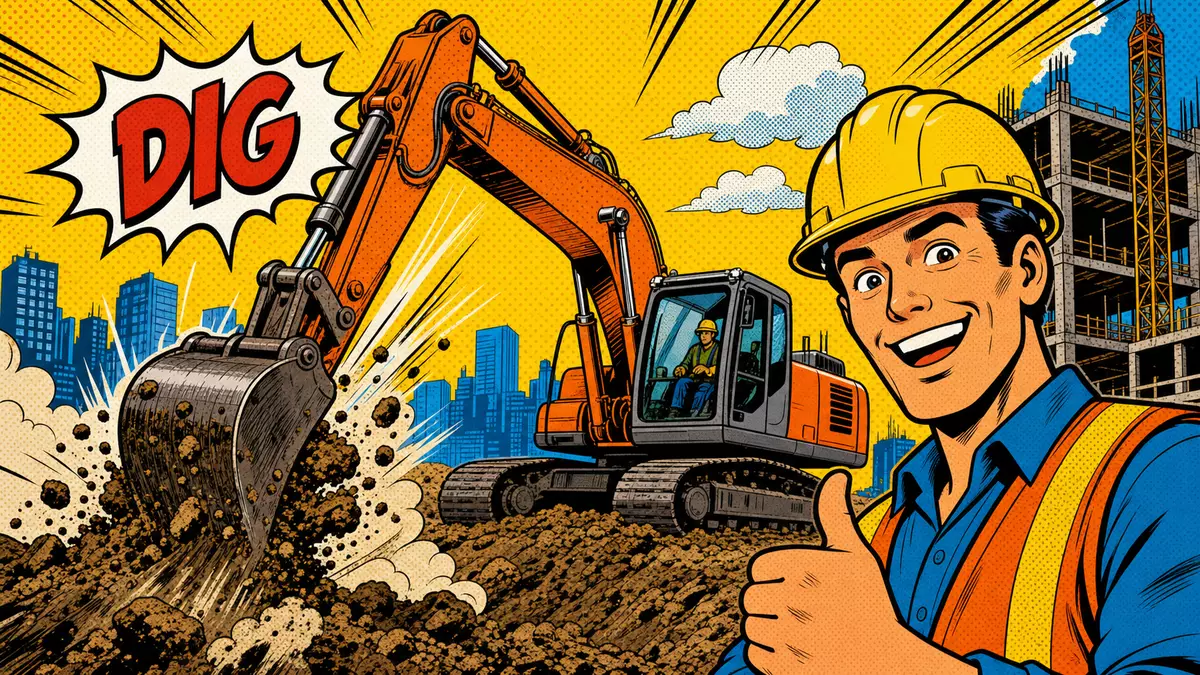 Pop-Art-Comic mit orangefarbenem Bagger, Bauarbeiter und Sprechblase DIG