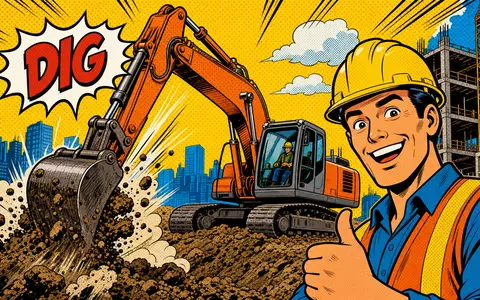 Wacker Neuson SE (DE000WACK012) erscheint als farbenfrohe Pop-Art-Comic-Szene mit grabendem Bagger und lächelndem Bauarbeiter - Foto: THN
