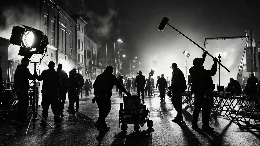 Schwarzweiß-Filmset bei Nacht, dokumentarisch, Warner Bros. Disc. US9344231041