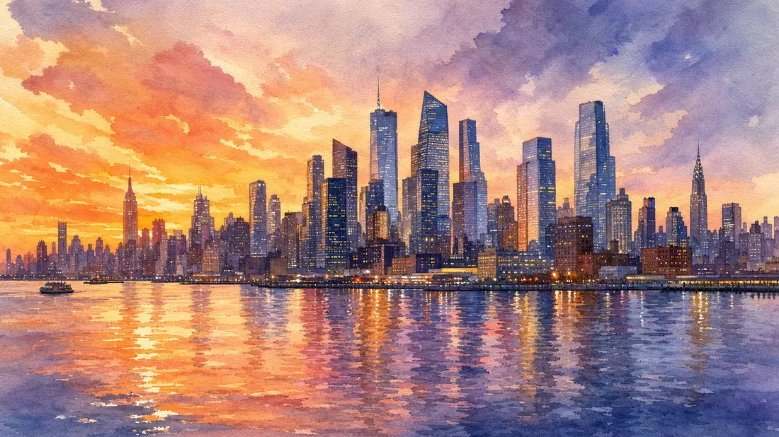 Aquarell einer Stadtskyline, Medienmotiv zu Warner Bros. Disc. US9344231041