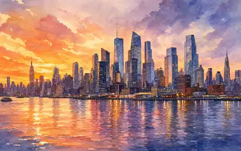 Aquarellmalerei der New Yorker Skyline symbolisiert den Medienstandort von Warner Bros. Disc., ISIN US9344231041 - Foto: THN