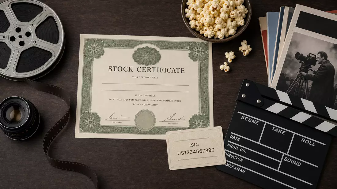 Flatlay mit Aktienzertifikat, Filmrolle und Klappe zu Warner Bros. Disc. US9344231041