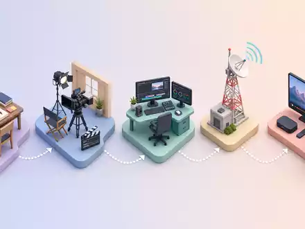 Isometrische 3D-Grafik zeigt die Wertschöpfungskette der Medienproduktion von Warner Bros. Disc., ISIN US9344231041, anschaulich dargestellt - Foto: THN