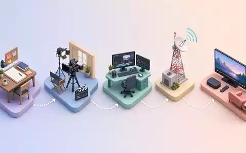 Isometrische 3D-Grafik zeigt die Wertschöpfungskette der Medienproduktion von Warner Bros. Disc., ISIN US9344231041, anschaulich dargestellt - Foto: THN