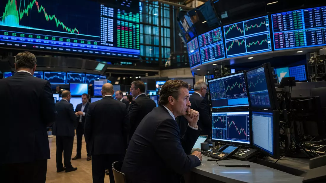 Trading-Floor mit Kursbildschirmen, Börsenmotiv zu Warner Bros. Disc. US9344231041