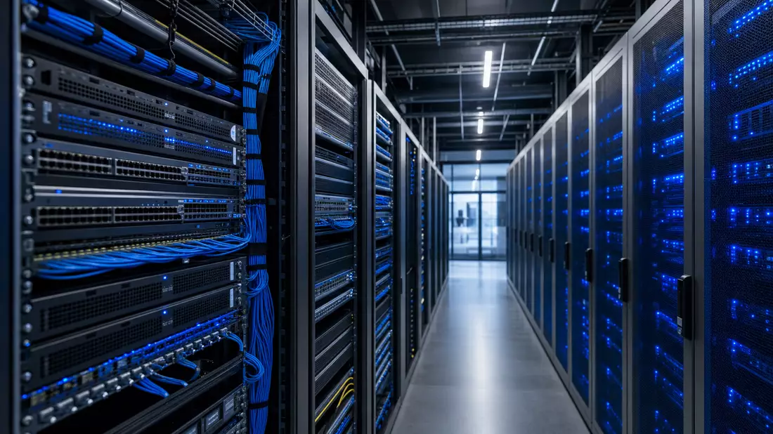 Fortinet Inc. Rechenzentrumgang mit blau beleuchteten Server-Racks und Netzwerkkabeln