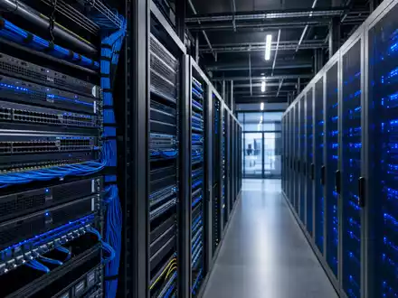 Fortinet Inc. Rechenzentrum mit blauen LED-Racks und Netzwerk Sicherheits Hardware fĂĽr ISIN US34959E1091 - Foto: THN