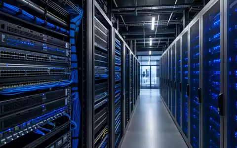 Fortinet Inc. Rechenzentrum mit blauen LED-Racks und Netzwerk Sicherheits Hardware für ISIN US34959E1091 - Foto: THN