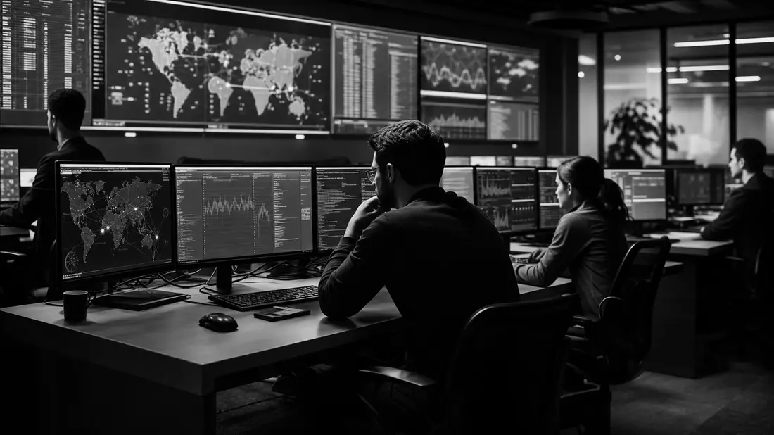 Schwarzweißfoto eines Cybersicherheits-SOC mit Analysten vor Monitoren und Bedrohungskarten
