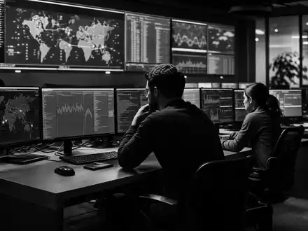 Fortinet Inc. Sicherheits Operations Center in Schwarz Weiß mit Analysten vor Bedrohungskarten ISIN US34959E1091 - Foto: THN