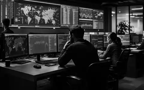 Fortinet Inc. Sicherheits Operations Center in Schwarz Weiß mit Analysten vor Bedrohungskarten ISIN US34959E1091 - Foto: THN