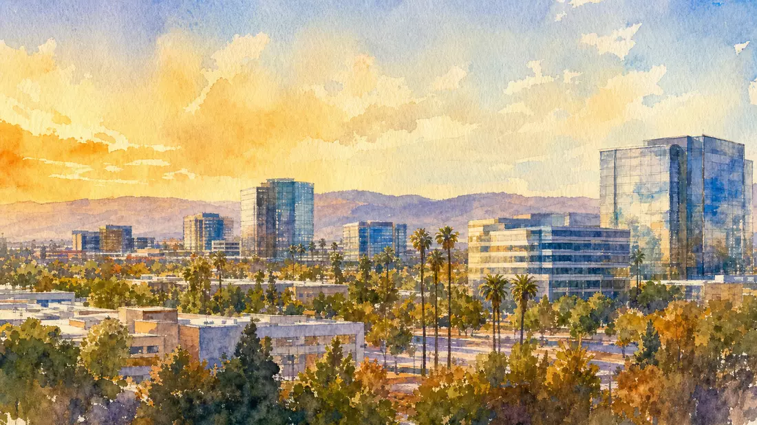 Aquarell-Gemälde der Sunnyvale Silicon Valley Skyline mit Bürogebäuden und Palmen