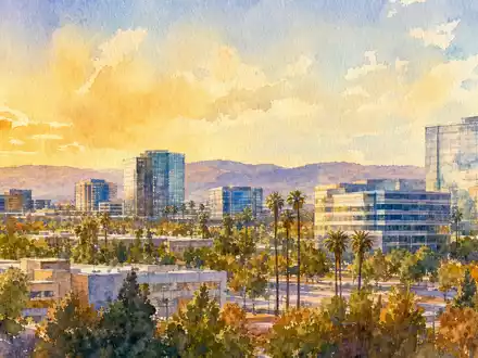 Fortinet Inc. Hauptsitz Sunnyvale in Aquarell Malerei mit Silicon Valley Skyline und ISIN US34959E1091 - Foto: THN