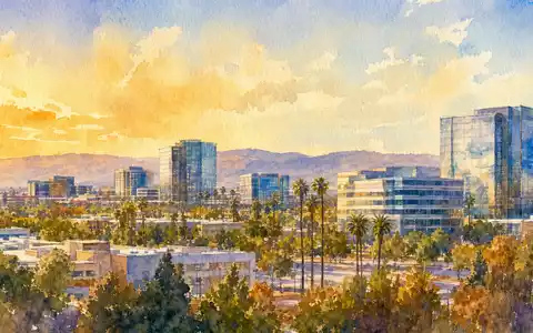 Fortinet Inc. Hauptsitz Sunnyvale in Aquarell Malerei mit Silicon Valley Skyline und ISIN US34959E1091 - Foto: THN