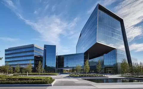 Fortinet Inc. moderner Glasfassaden Campus als architektonisches Render mit Landschaft für ISIN US34959E1091 - Foto: THN