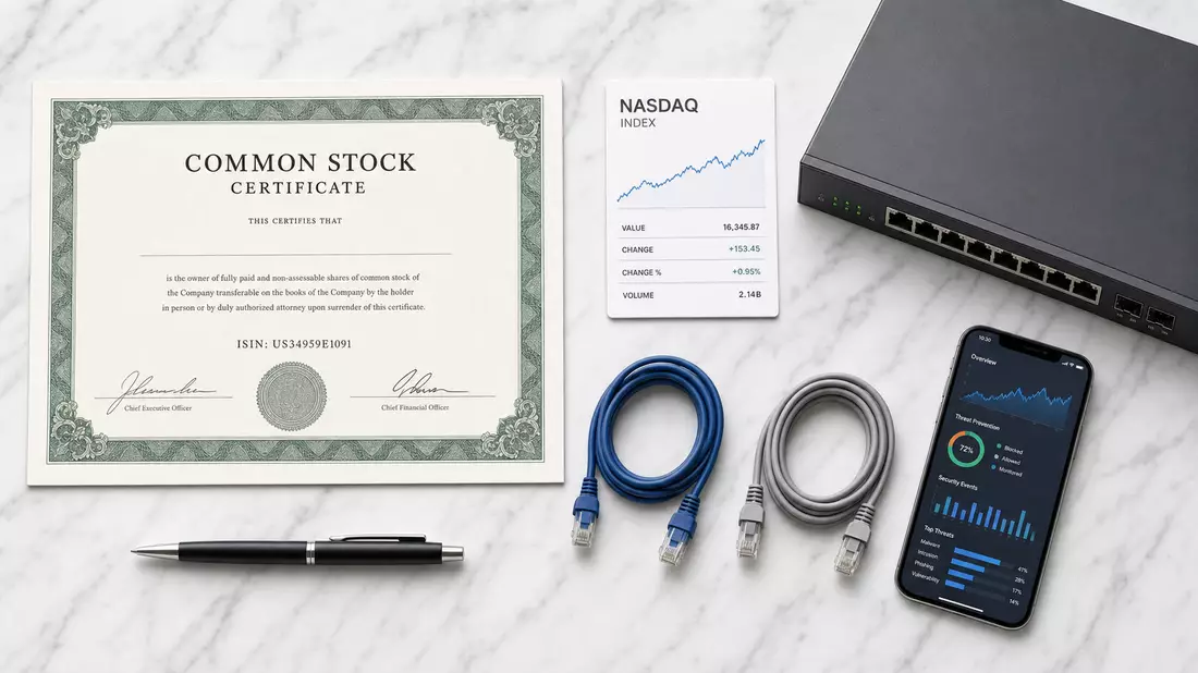Draufsicht auf Aktienzertifikat US34959E1091, NASDAQ-Karte, Netzwerk-Appliance und Ethernet-Kabel