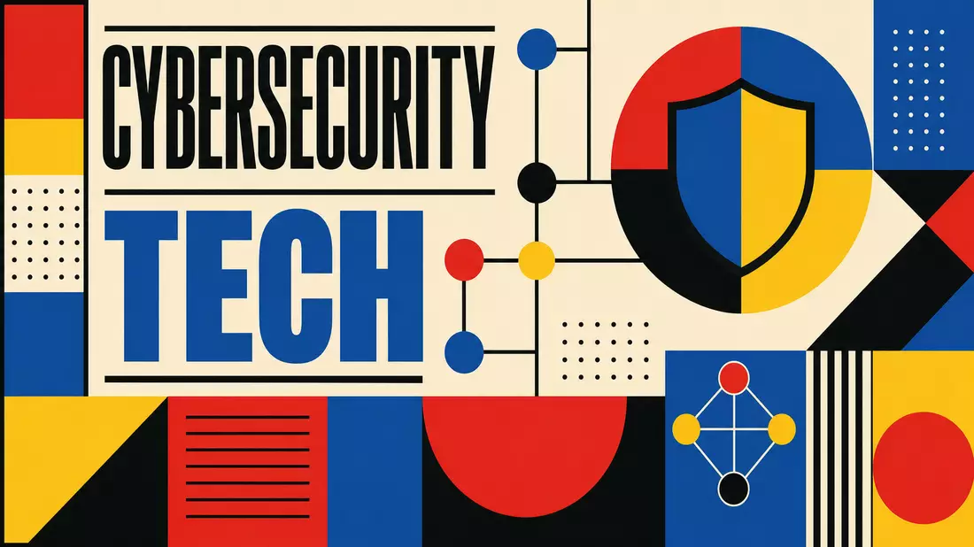 Bauhaus-Grafikposter mit geometrischen Formen und den Texten CYBERSECURITY und TECH in Primärfarben