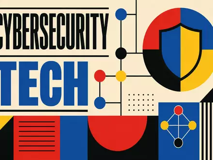 Fortinet Inc. Bauhaus Poster mit Sektor Text CYBERSECURITY TECH und geometrischen Formen ISIN US34959E1091 - Foto: THN