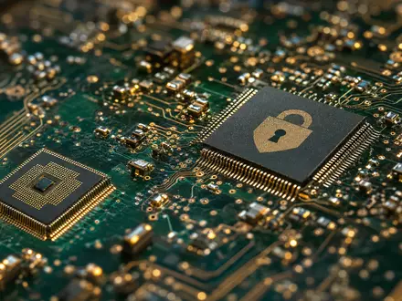 Fortinet Inc. Makro Aufnahme einer Leiter Platte mit Sicherheits Chips und Kupfer Leiterbahnen US34959E1091 - Foto: THN