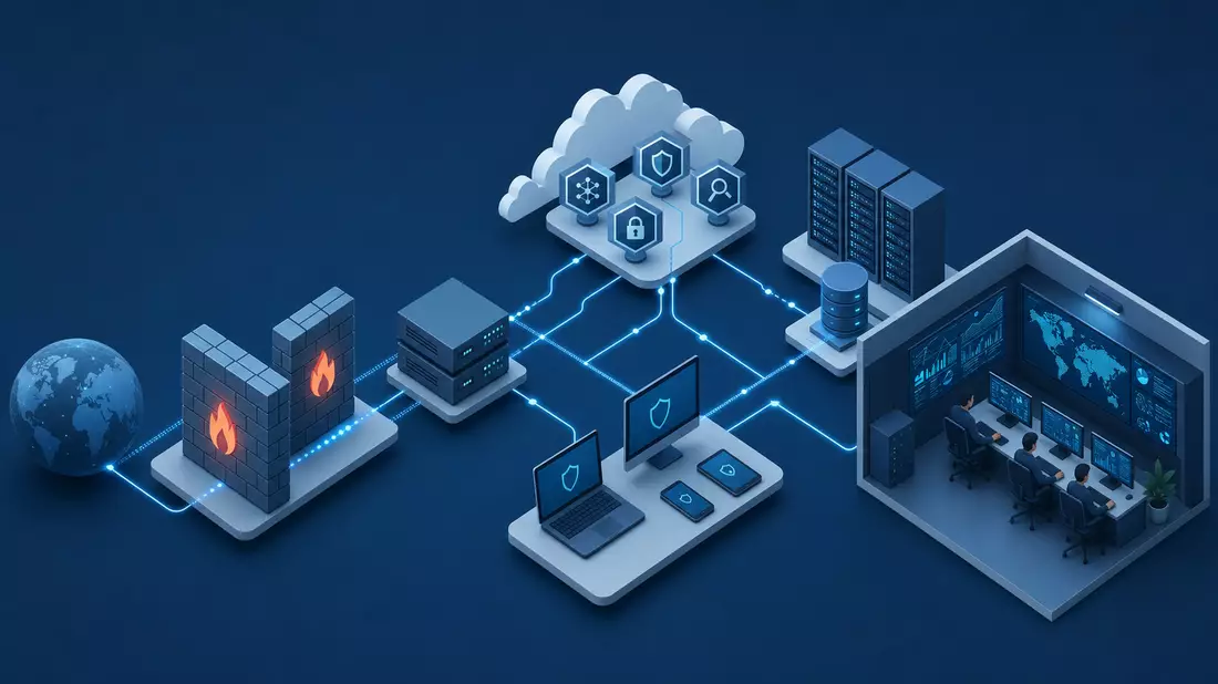 Isometrische 3D-Illustration einer Cybersicherheits-Wertschöpfungskette von Firewall bis Security Operations