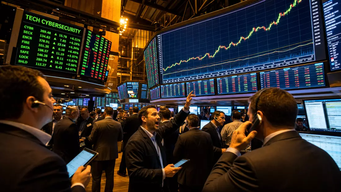 NASDAQ-Börsenparkett mit Händlern und großen Bildschirmen mit Tech-Cybersecurity-Sektorkursen