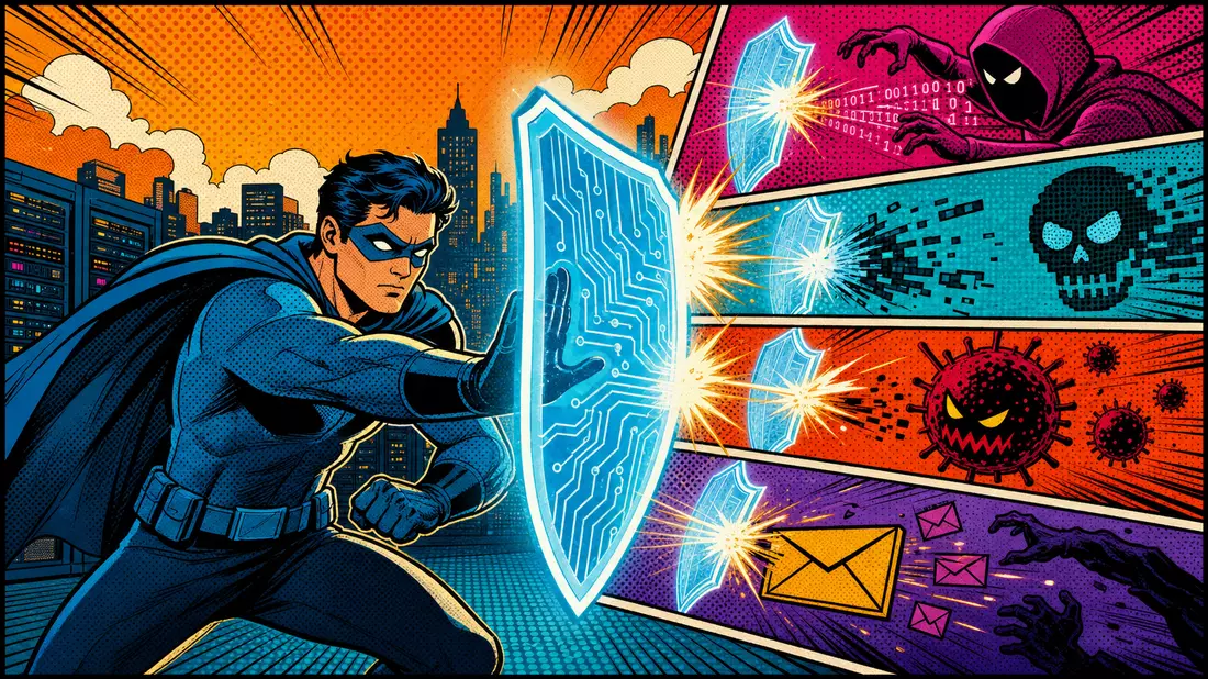 Pop-Art-Comicszene mit Cybersicherheitsheld der digitale Infrastruktur mit Schild gegen Cyber-Angriffe schützt