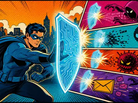 Fortinet Inc. Pop Art Comic mit Cyber Sicherheits Held der digitale Infrastruktur schützt US34959E1091 - Foto: THN
