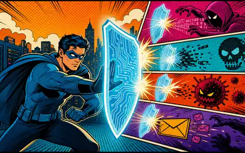 Fortinet Inc. Pop Art Comic mit Cyber Sicherheits Held der digitale Infrastruktur schützt US34959E1091 - Foto: THN