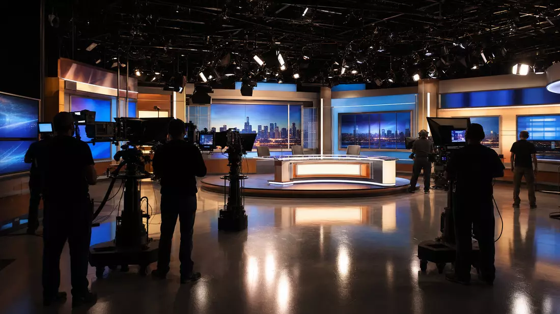Fotorealistisches Fernsehstudio mit Kameras und beleuchtetem Nachrichtendesk, Medienunternehmen