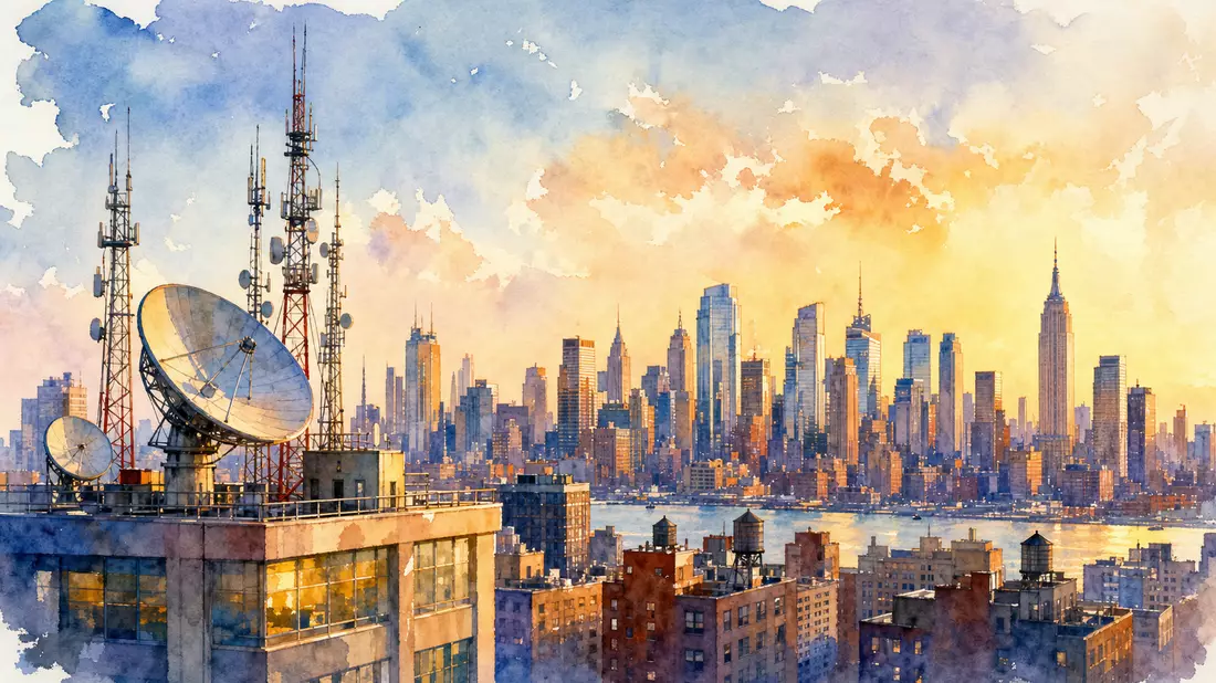 Aquarell-Stadtsilhouette mit Sendemasten und Satellitenschüsseln im Abendhimmel, Medienbranche