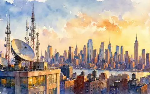 Fox Corp. (Class B) Wertpapier US35137L2043 als Aquarell-Stadtpanorama mit Sendemasten und Satellitenschüsseln - Foto: THN