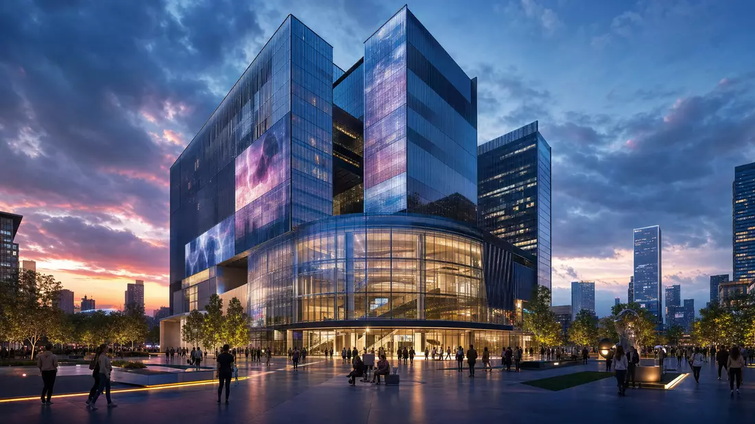 Architektur-Visualisierung modernes Medienhochhaus Glasfassade LED-Panels Abenddämmerung