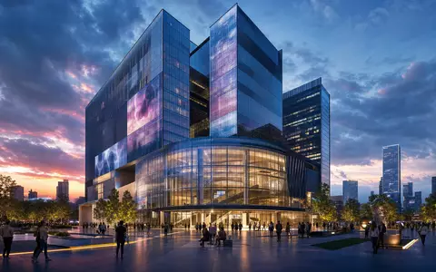 Fox Corp. (Class B) ISIN US35137L2043 modernes Medienhochhaus-Render mit Glasfassade und LED-Screens - Foto: THN
