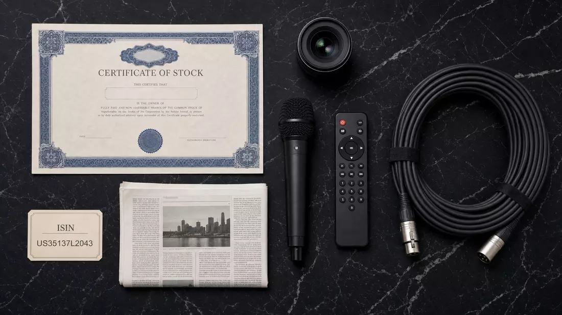 Flatlay Aktienzertifikat ISIN US35137L2043 Kameraobjektiv Mikrofon Broadcast-Kabel auf Marmor