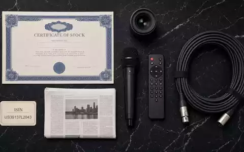 Fox Corp. (Class B) Aktie US35137L2043 Flatlay mit Aktienzertifikat, ISIN-Karte und Broadcast-Utensilien - Foto: THN