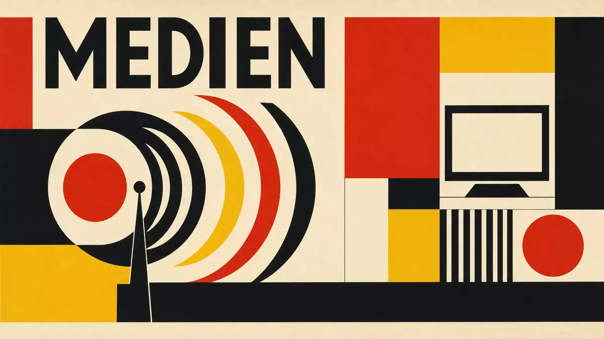 Bauhaus-Poster geometrische Formen Rot-Schwarz-Gelb mit Text MEDIEN Sendeturm und Bildschirm
