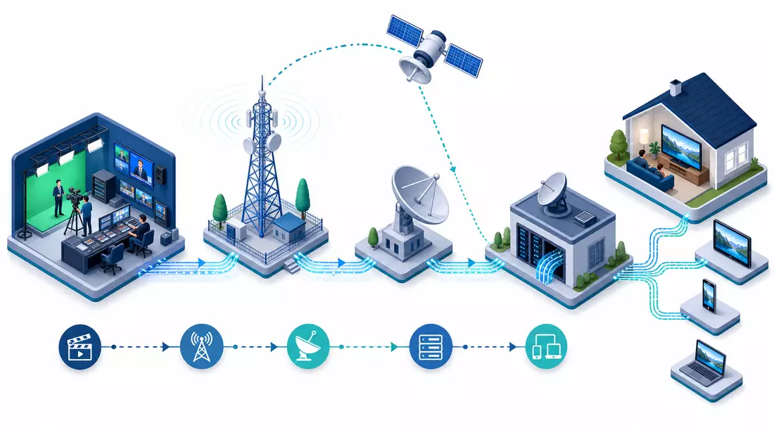 Isometrische 3D-Illustration Broadcast-Wertschöpfungskette Studio Sendeturm Satellit Empfänger Zuschauer