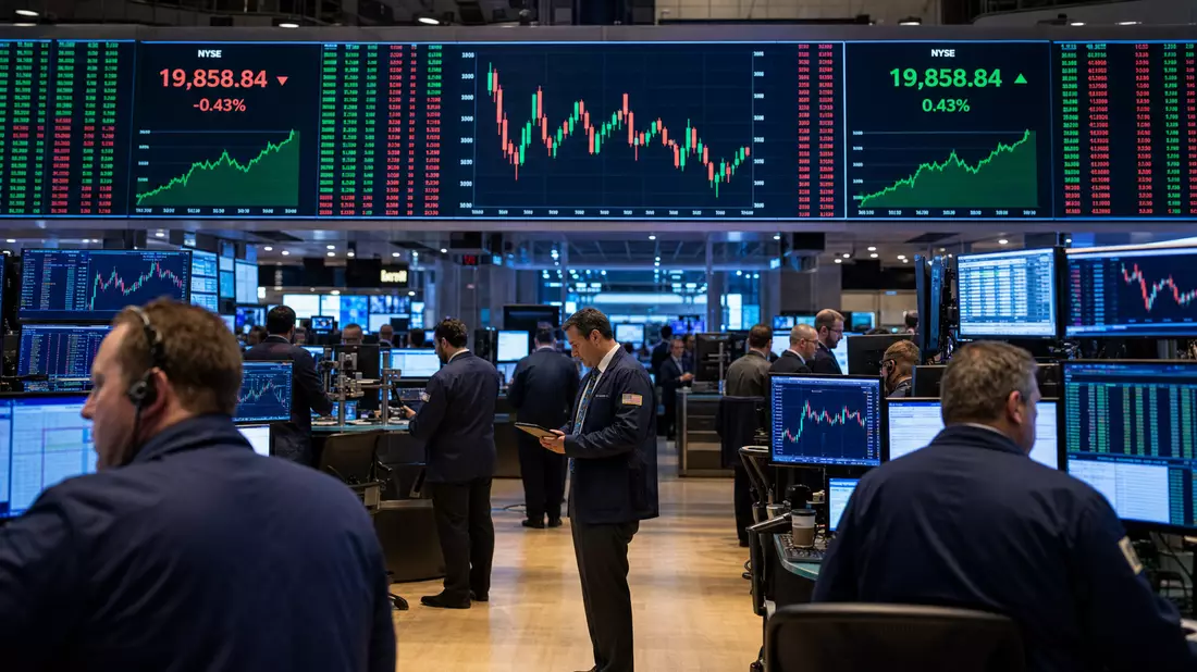 NYSE-Handelsparkett Trader an Bildschirmen Kursdiagramme Medien-Aktien Börsensaal Übersichtstafel