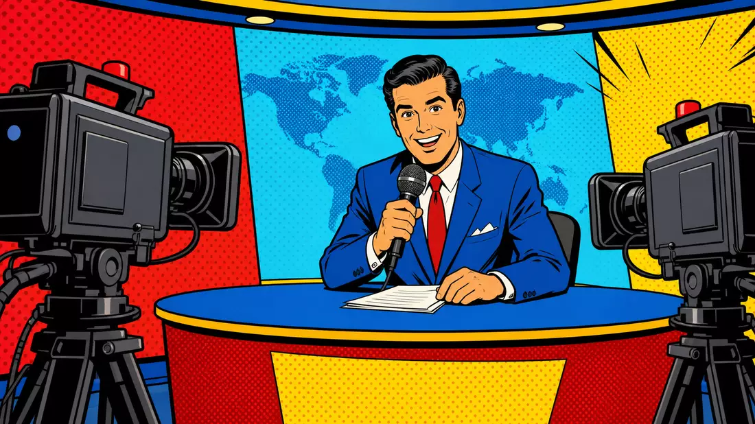 Pop-Art-Comic Nachrichtenmoderator Halbtondots rot-blau-gelb TV-Kameras Broadcast-Studio Retro-Stil