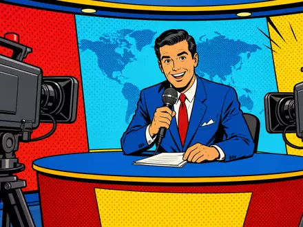 Fox Corp. (Class B) US35137L2043 Pop-Art-Comic Nachrichtenmoderator mit bunten Halbtonpunkten und Mikrofon - Foto: THN