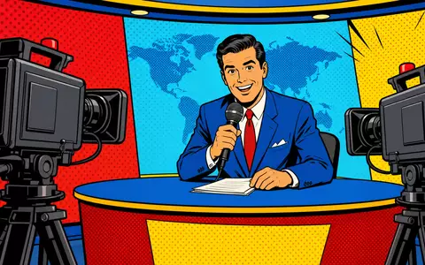 Fox Corp. (Class B) US35137L2043 Pop-Art-Comic Nachrichtenmoderator mit bunten Halbtonpunkten und Mikrofon - Foto: THN