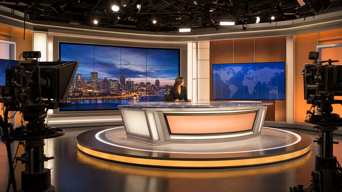 Professionelles Broadcast-Nachrichtenstudio mit Ankerpult und Studiokameras